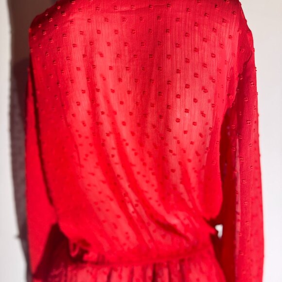 This LUSH red long sleeve blouse features a romantic Swiss dot texture and light - Picture 8 of 11